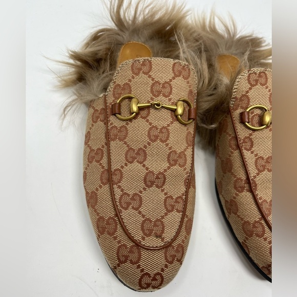 Gucci GG Monogram Horsebit Princetown Mule Slipper Brown Canvas Fur size 36.5 EU - Picture 2 of 7
